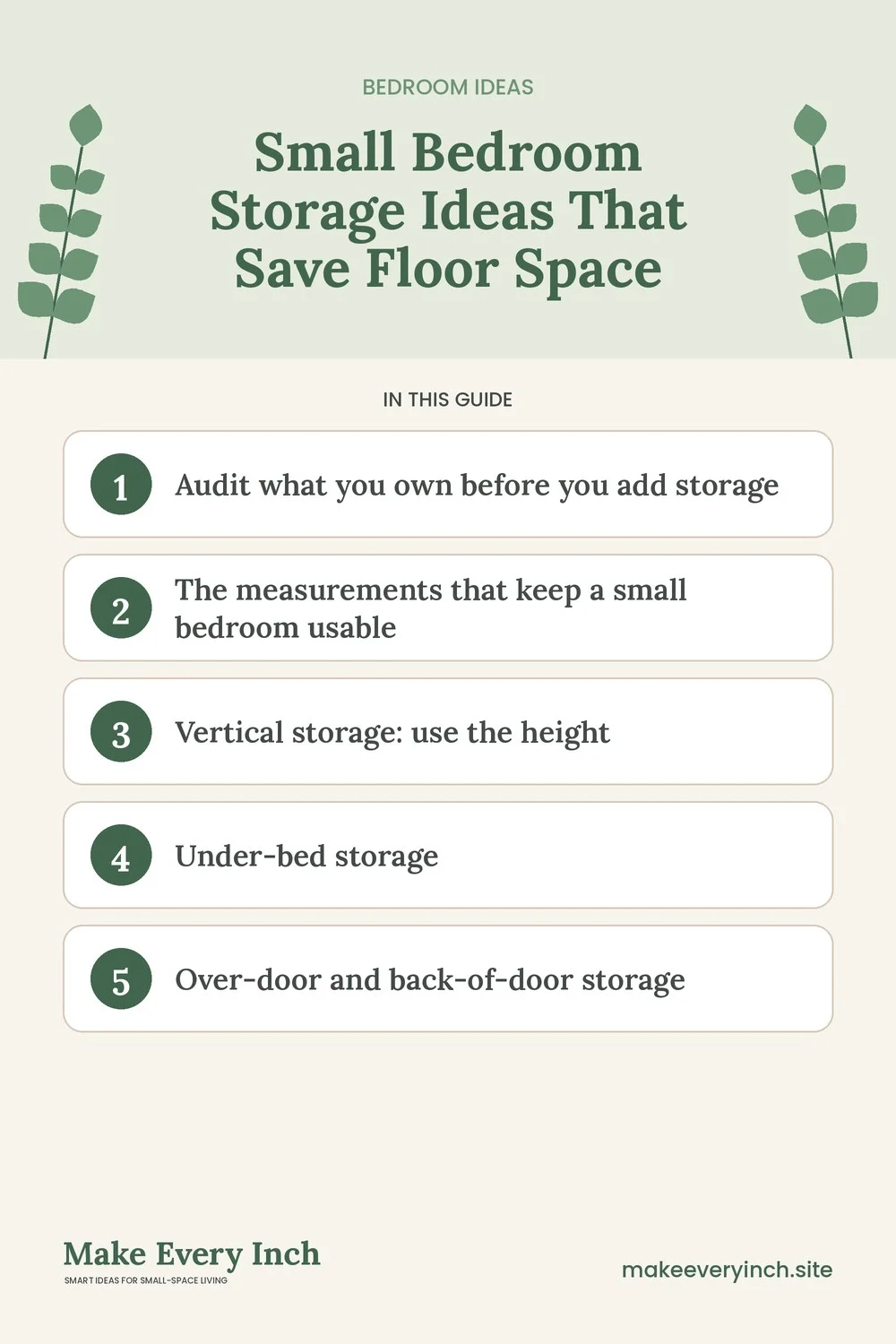 Pinterest pin listing the main topics in: Small Bedroom Storage Ideas That Save Floor Space