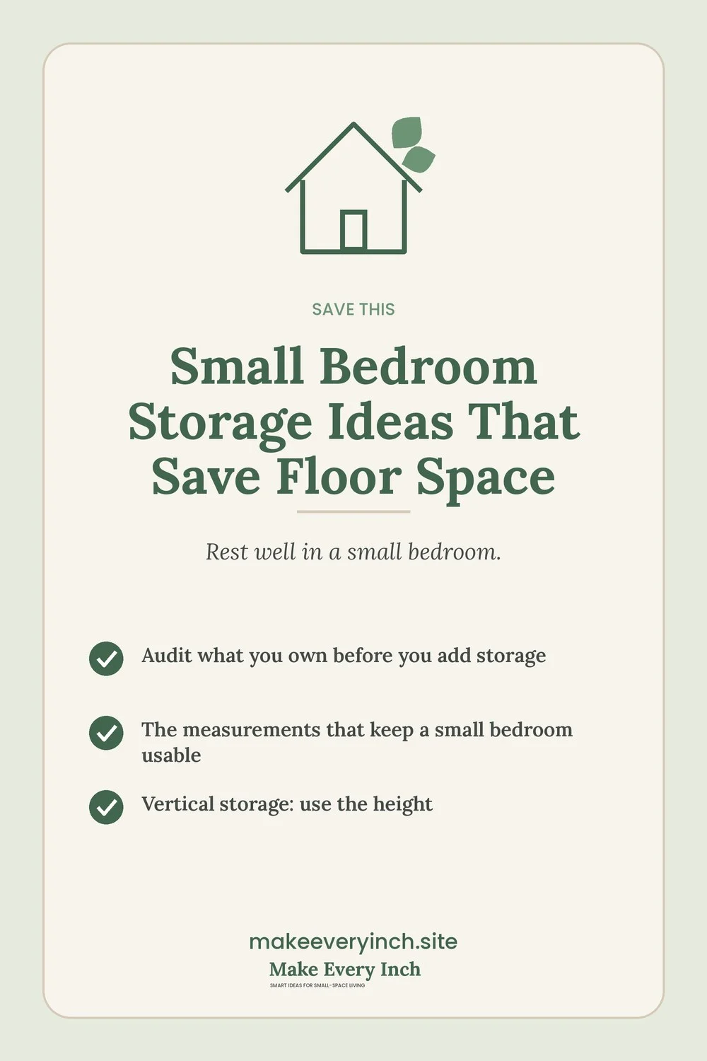 Save-this Pinterest pin with a short checklist for: Small Bedroom Storage Ideas That Save Floor Space