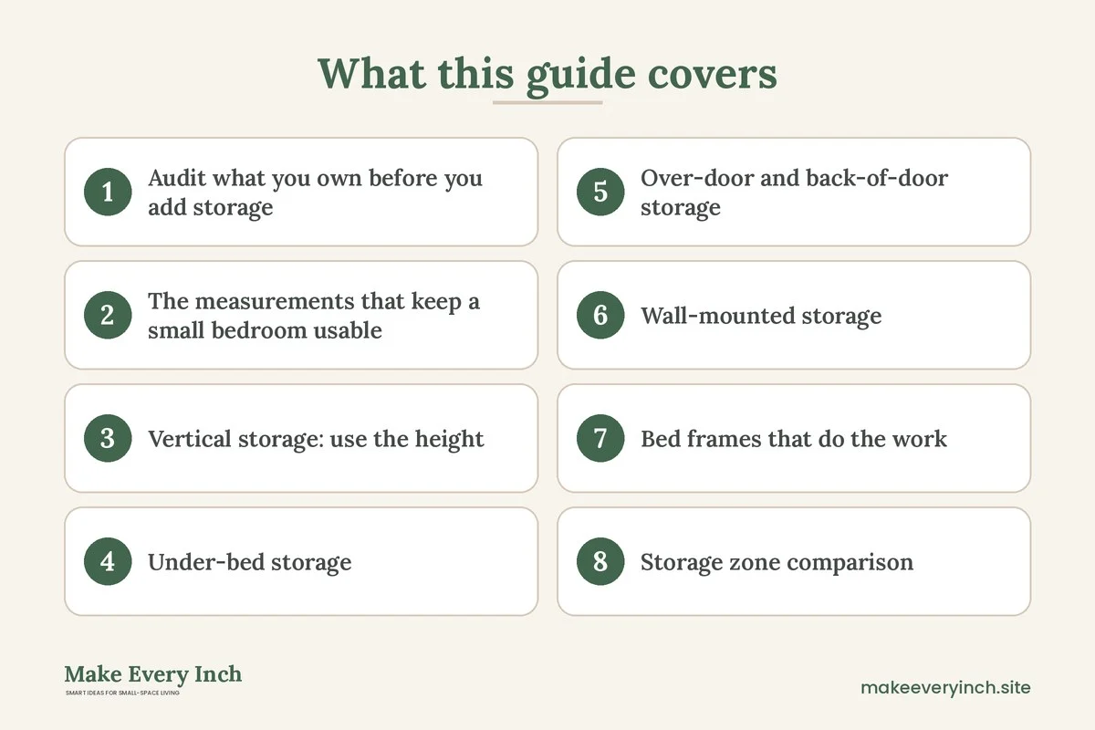 Graphic listing 8 topics covered in: Small Bedroom Storage Ideas That Save Floor Space