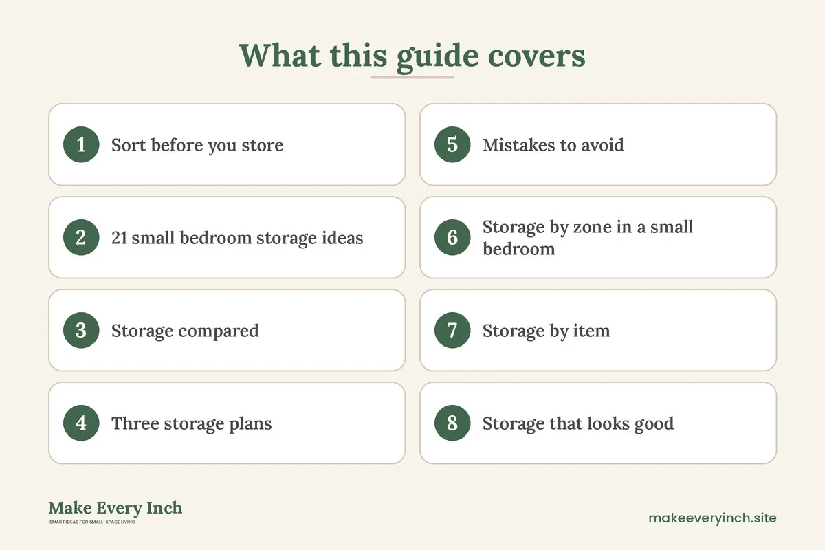 Graphic listing 8 topics covered in: 21 Small Bedroom Storage Ideas That Free Up Floor Space