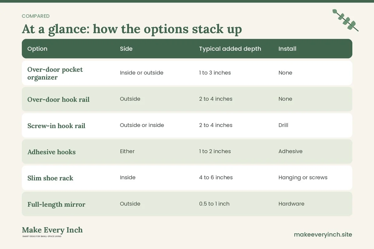 Comparison table of options for: Small Closet Door Storage Ideas (Option, Side, Typical added depth, Install)