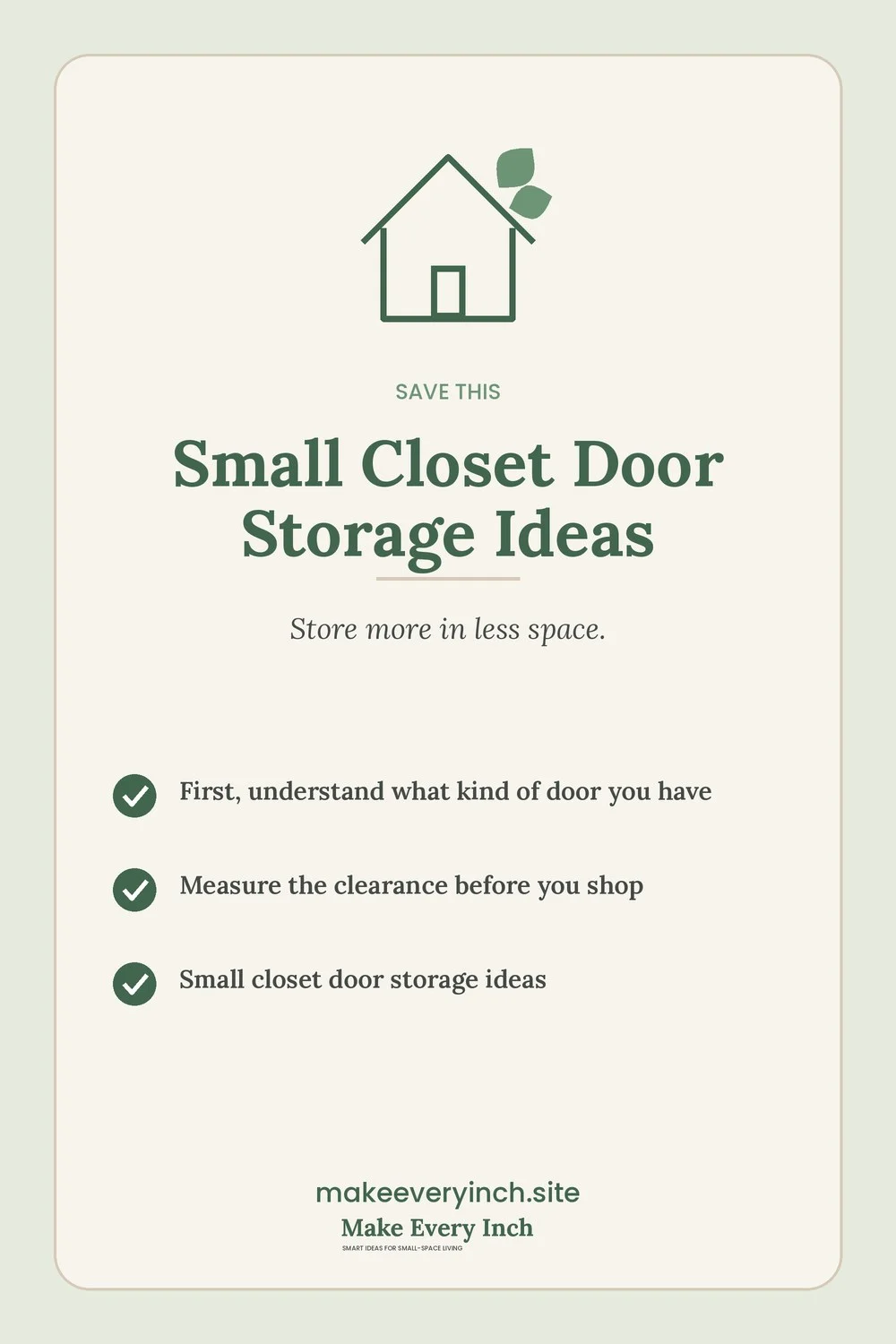 Save-this Pinterest pin with a short checklist for: Small Closet Door Storage Ideas