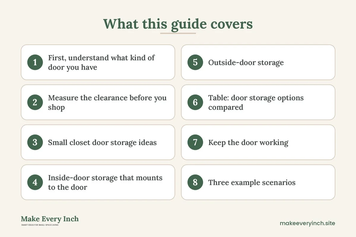 Graphic listing 8 topics covered in: Small Closet Door Storage Ideas