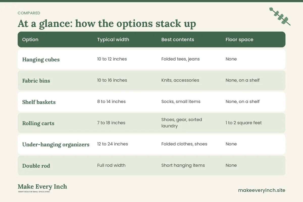 Comparison table of options for: Small Closet Drawer Alternatives (Option, Typical width, Best contents, Floor space)