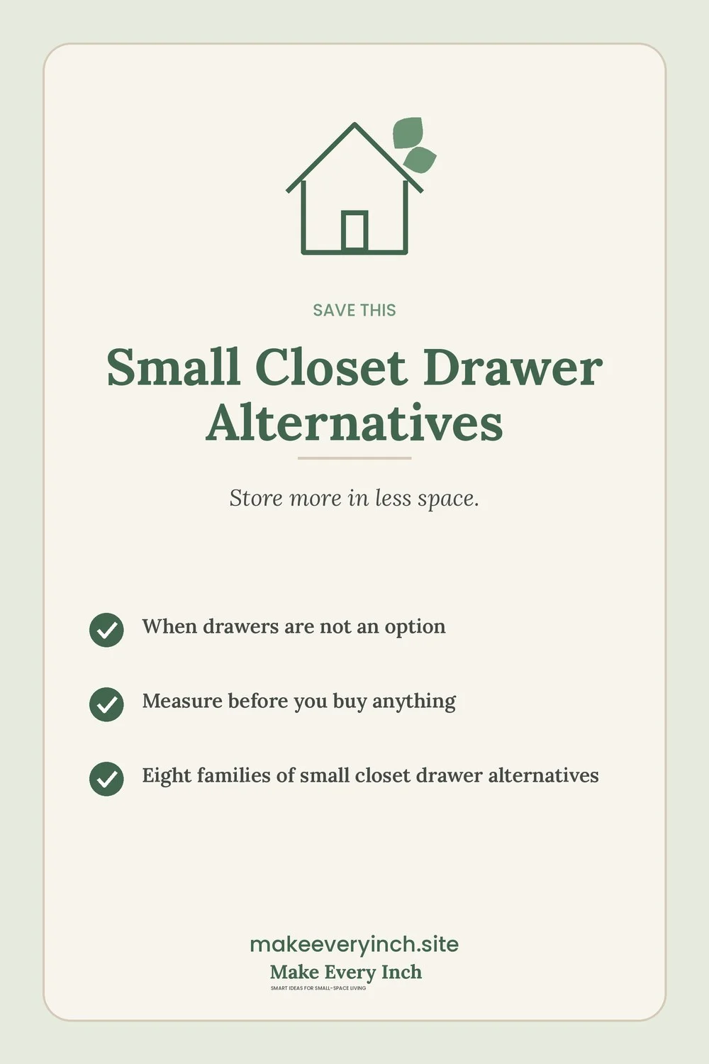 Save-this Pinterest pin with a short checklist for: Small Closet Drawer Alternatives