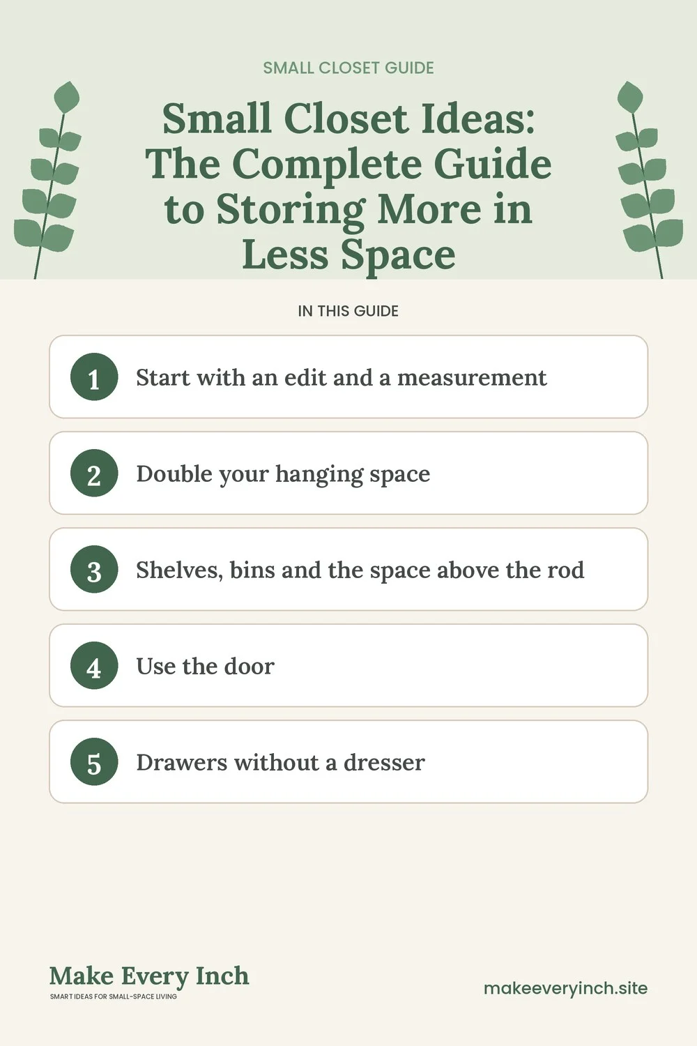 Pinterest pin listing the main topics in the small closet ideas guide