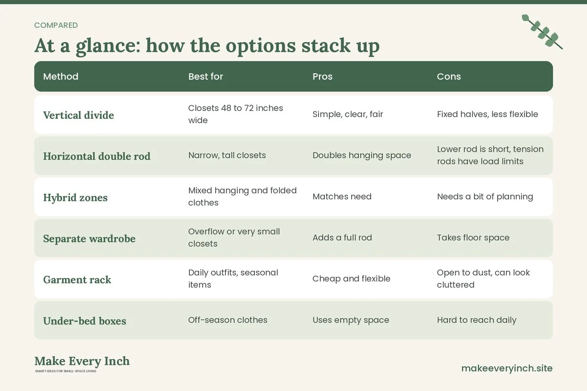 Comparison table of options for: Small Closet Ideas for Couples (Method, Best for, Pros, Cons)