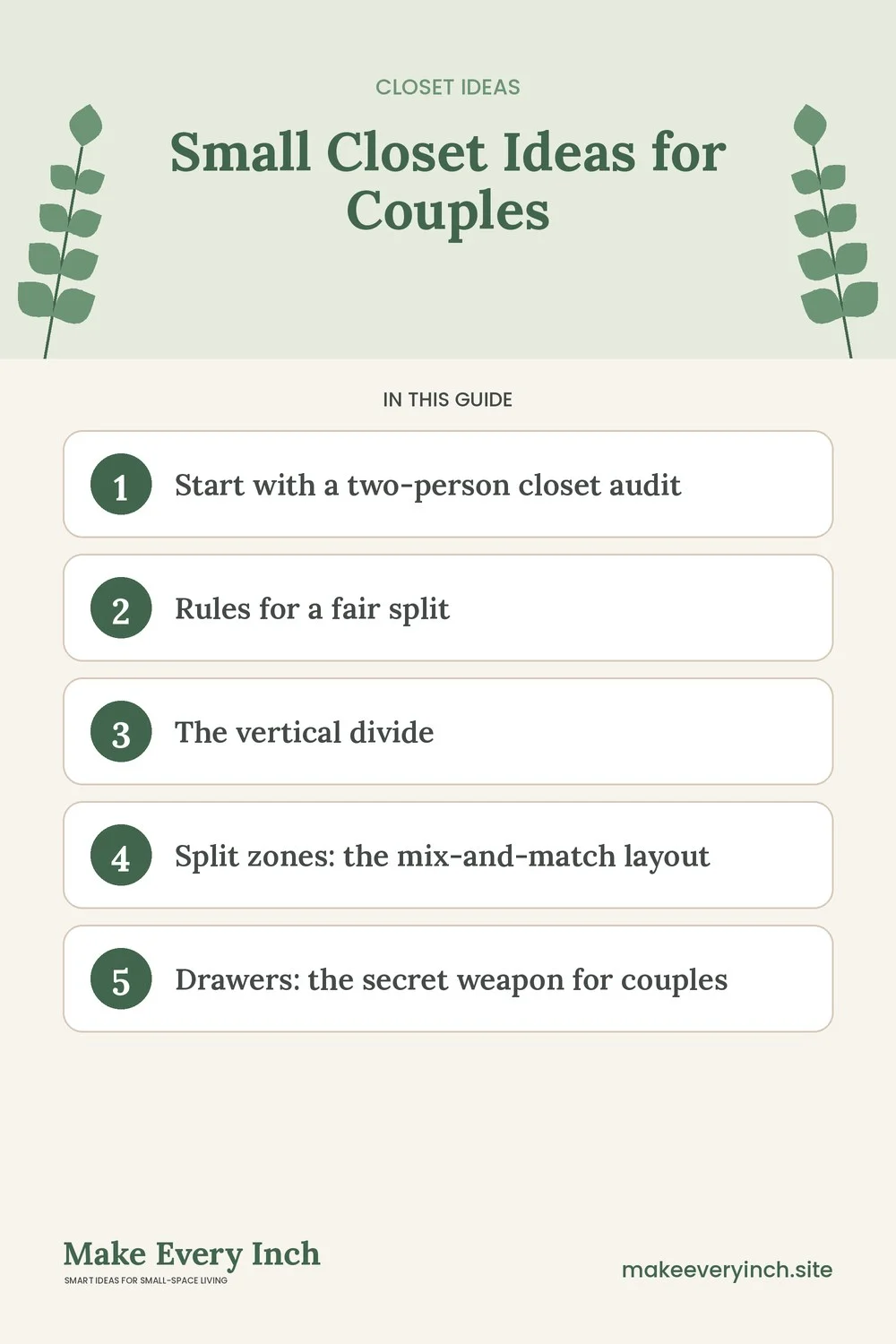 Pinterest pin listing the main topics in: Small Closet Ideas for Couples