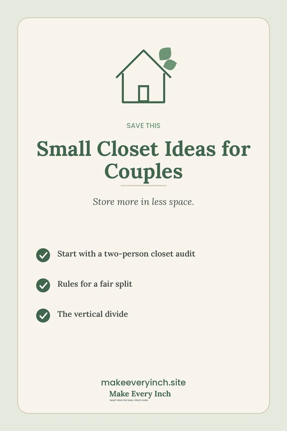 Save-this Pinterest pin with a short checklist for: Small Closet Ideas for Couples