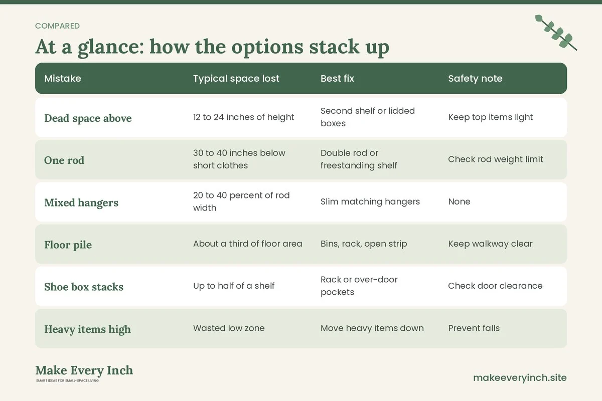 Comparison table of options for: Small Closet Mistakes That Waste Space (Mistake, Typical space lost, Best fix, Safety note)