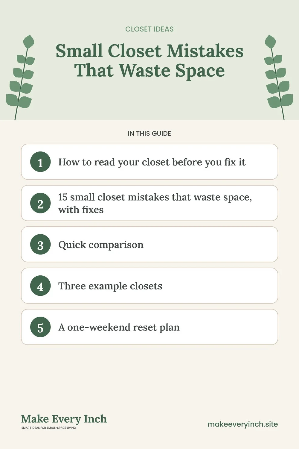 Pinterest pin listing the main topics in: Small Closet Mistakes That Waste Space