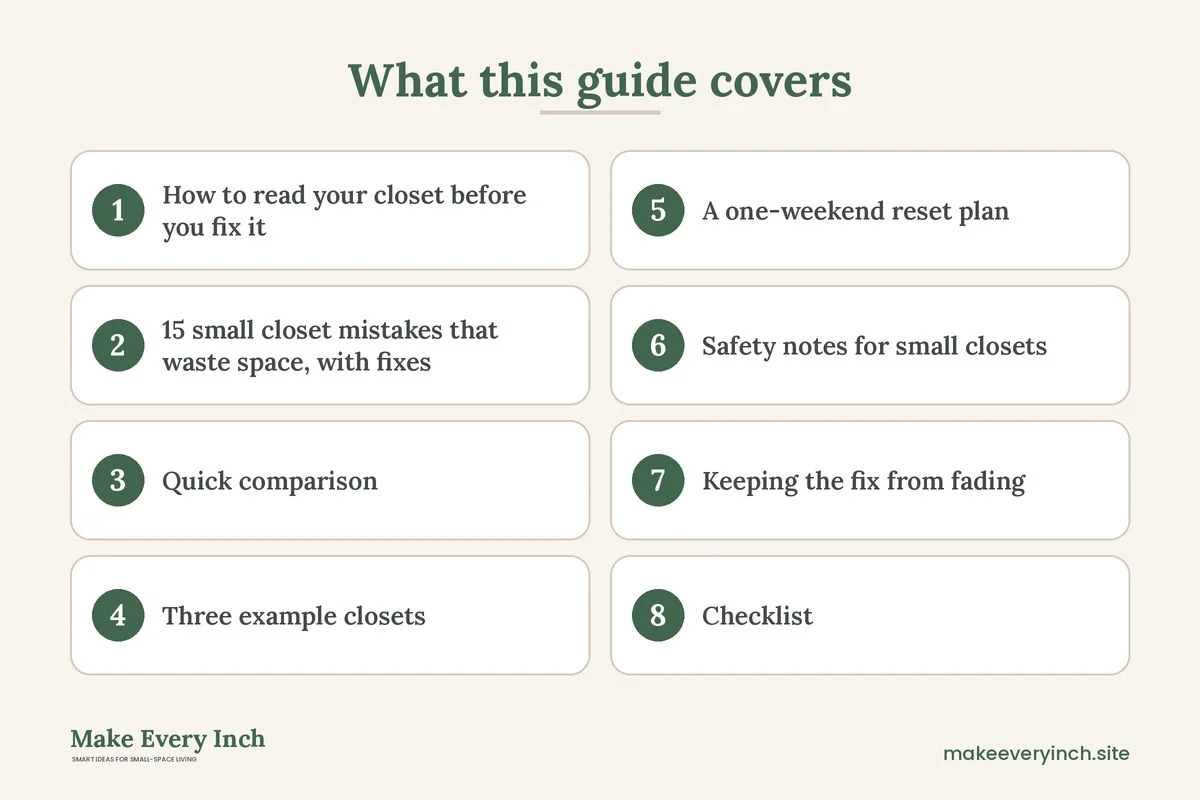 Graphic listing 8 topics covered in: Small Closet Mistakes That Waste Space