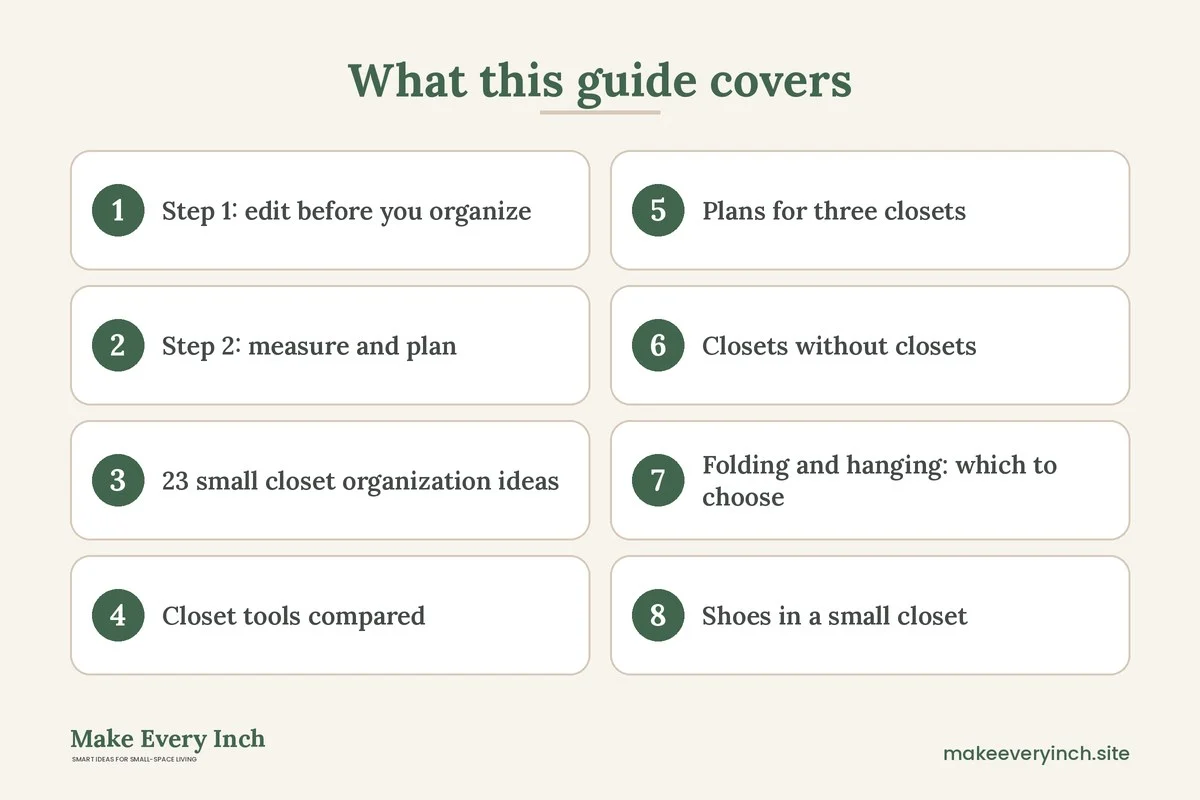 Graphic listing 8 topics covered in: 23 Small Closet Organization Ideas for a Clutter-Free Wardrobe