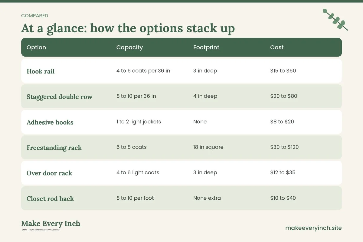 Comparison table of options for: 19 Small Coat Storage Ideas Without a Coat Closet (Option, Capacity, Footprint, Cost)
