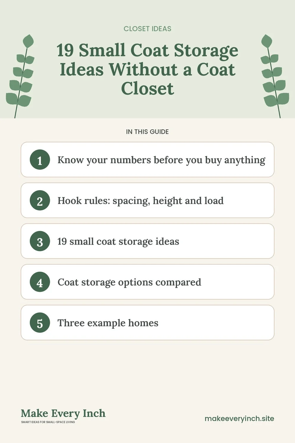 Pinterest pin listing the main topics in: 19 Small Coat Storage Ideas Without a Coat Closet