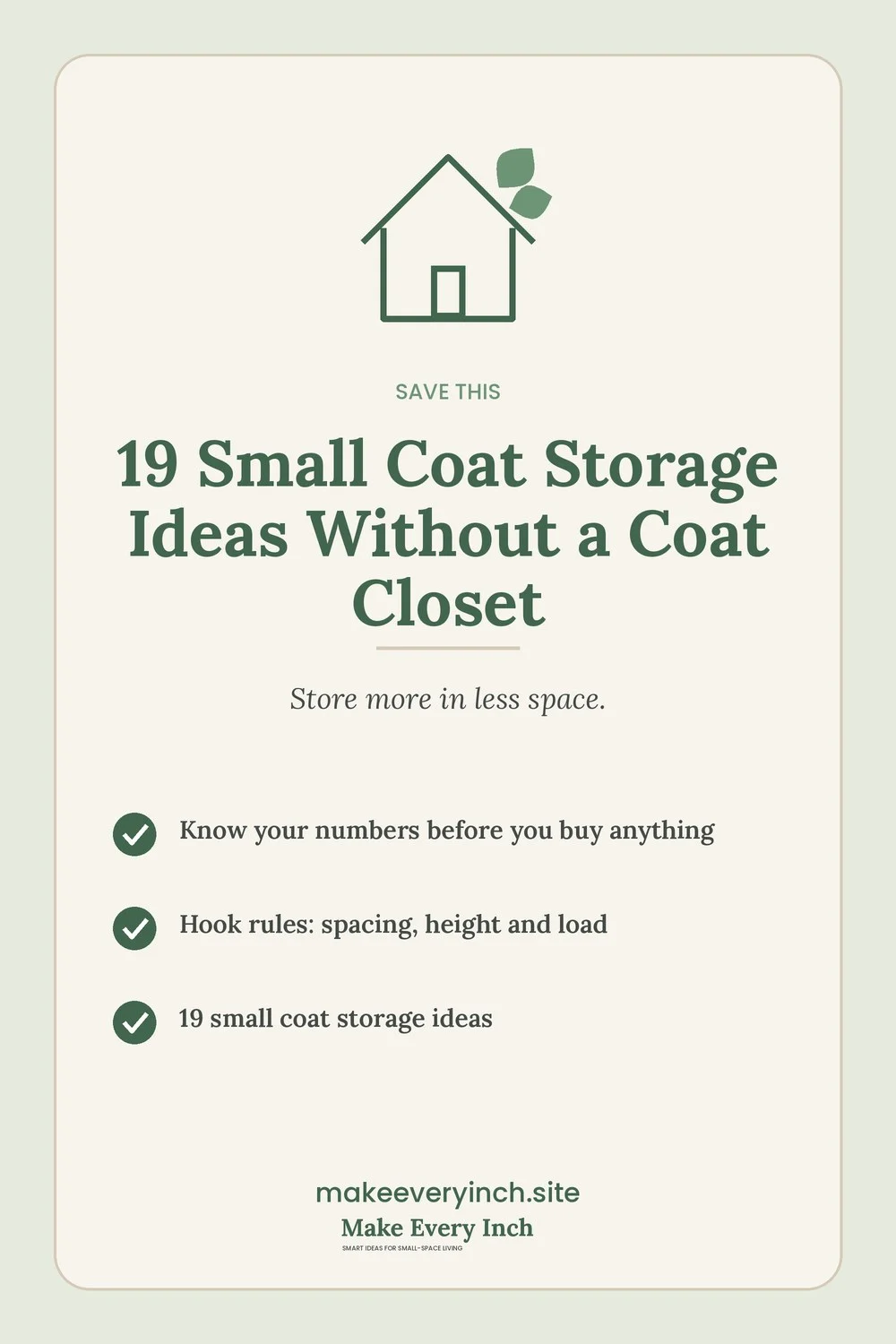 Save-this Pinterest pin with a short checklist for: 19 Small Coat Storage Ideas Without a Coat Closet