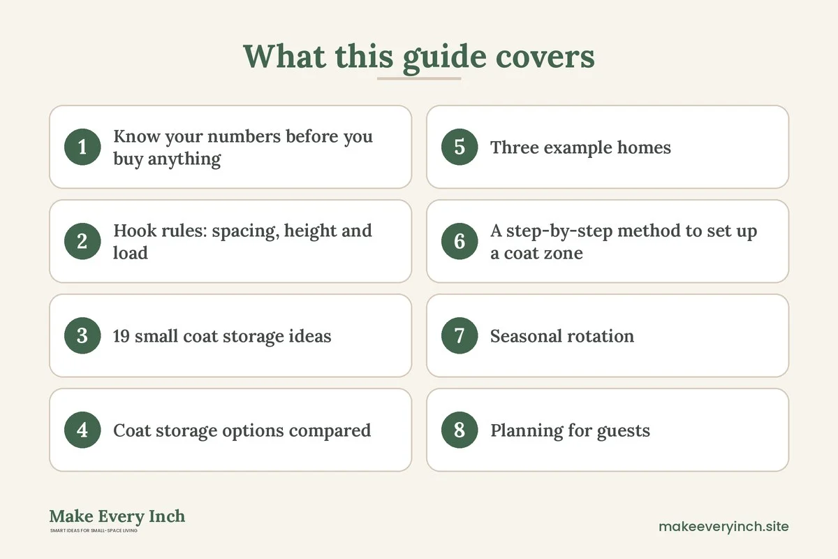 Graphic listing 8 topics covered in: 19 Small Coat Storage Ideas Without a Coat Closet