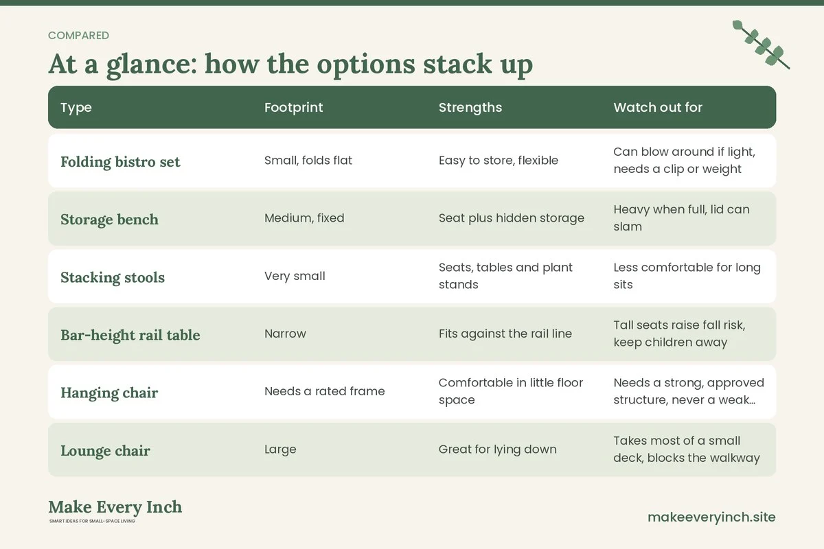Comparison table of options for: Small Deck Ideas for Limited Space (Type, Footprint, Strengths, Watch out for)