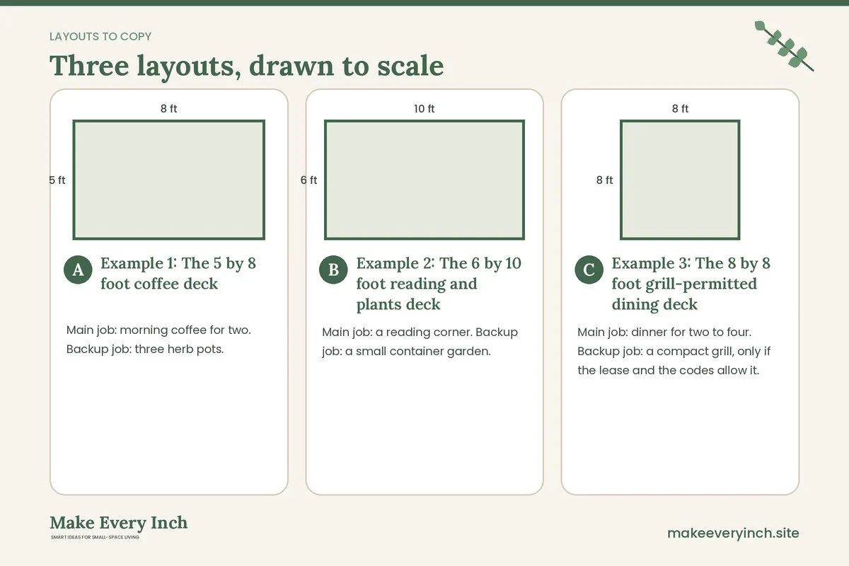 Three room layouts drawn to scale with dimensions and placement notes for: Small Deck Ideas for Limited Space