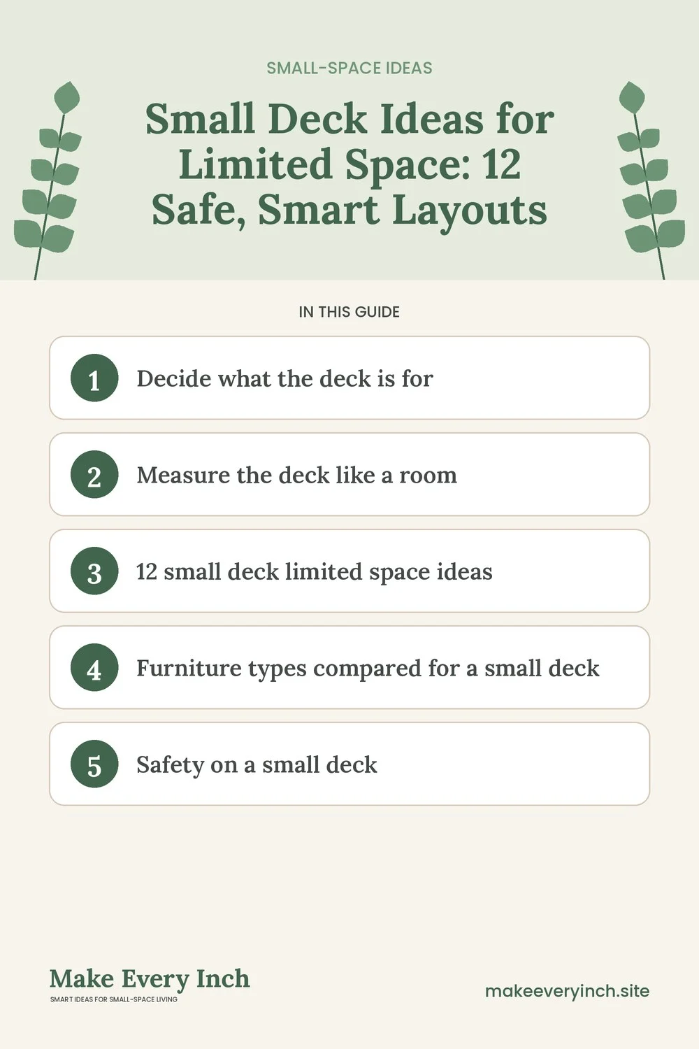 Pinterest pin listing the main topics in: Small Deck Ideas for Limited Space