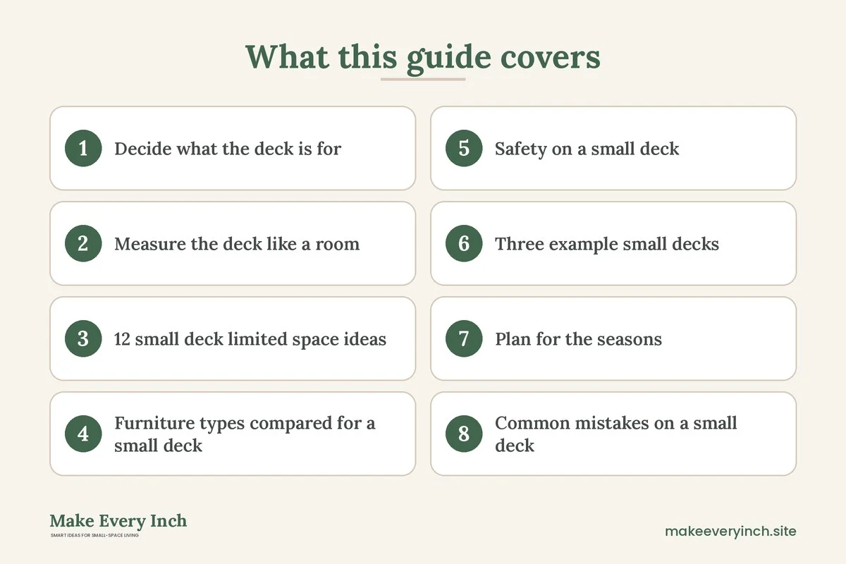 Graphic listing 8 topics covered in: Small Deck Ideas for Limited Space