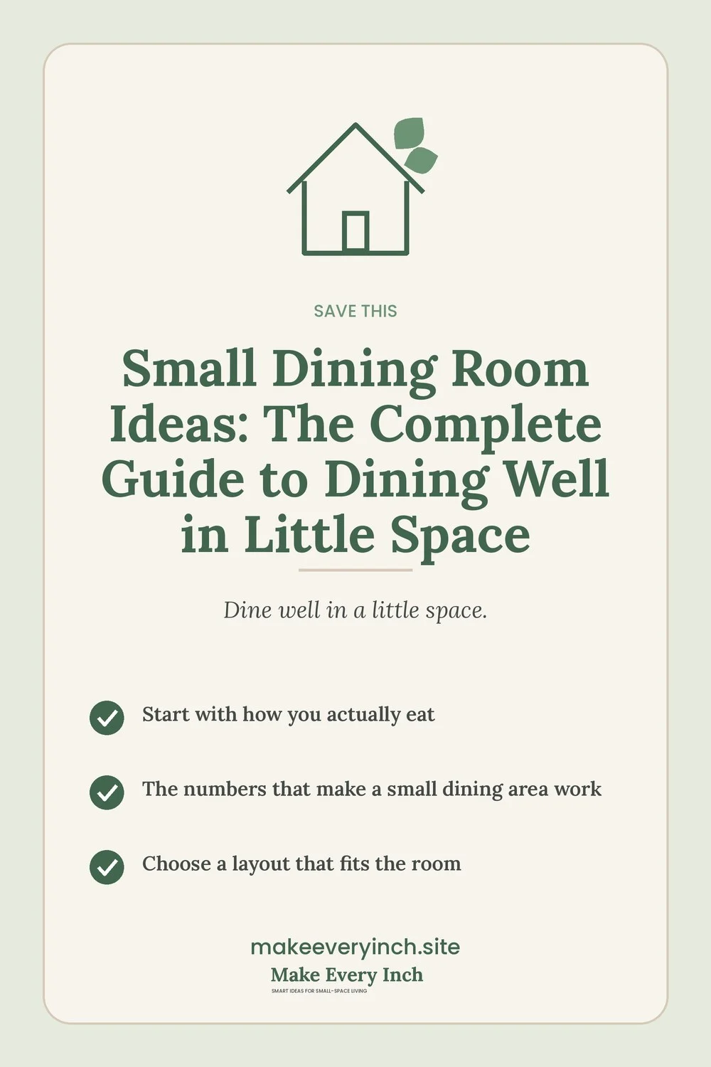 Save-this Pinterest pin for the small dining room ideas guide with a short checklist of key topics