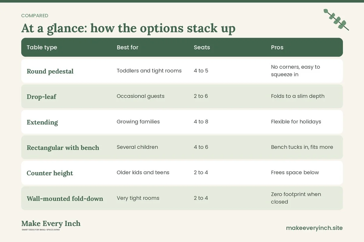Comparison table of options for: Small Dining Room Ideas for Families (Table type, Best for, Seats, Pros)