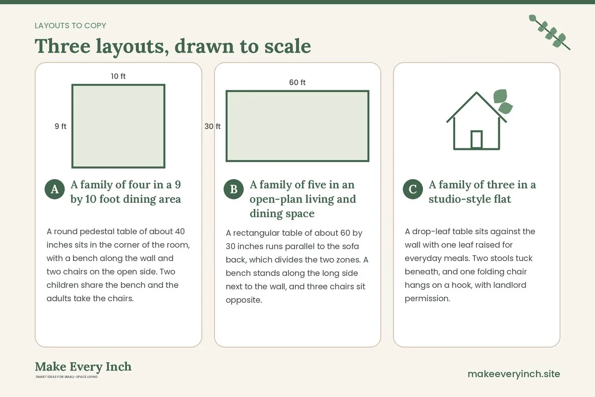 Three room layouts drawn to scale with dimensions and placement notes for: Small Dining Room Ideas for Families
