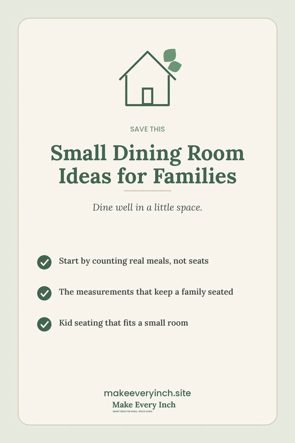 Save-this Pinterest pin with a short checklist for: Small Dining Room Ideas for Families
