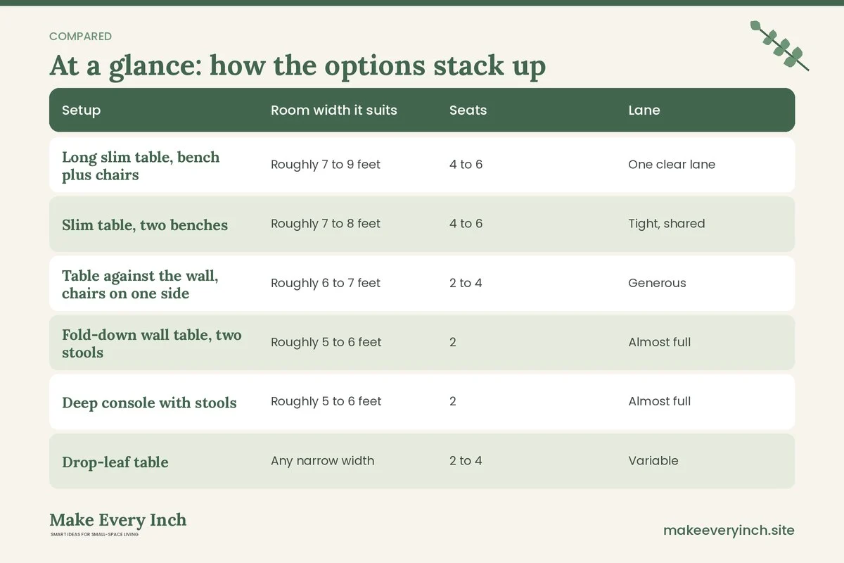 Comparison table of options for: Small Dining Room Ideas for Narrow Rooms (Setup, Room width it suits, Seats, Lane)