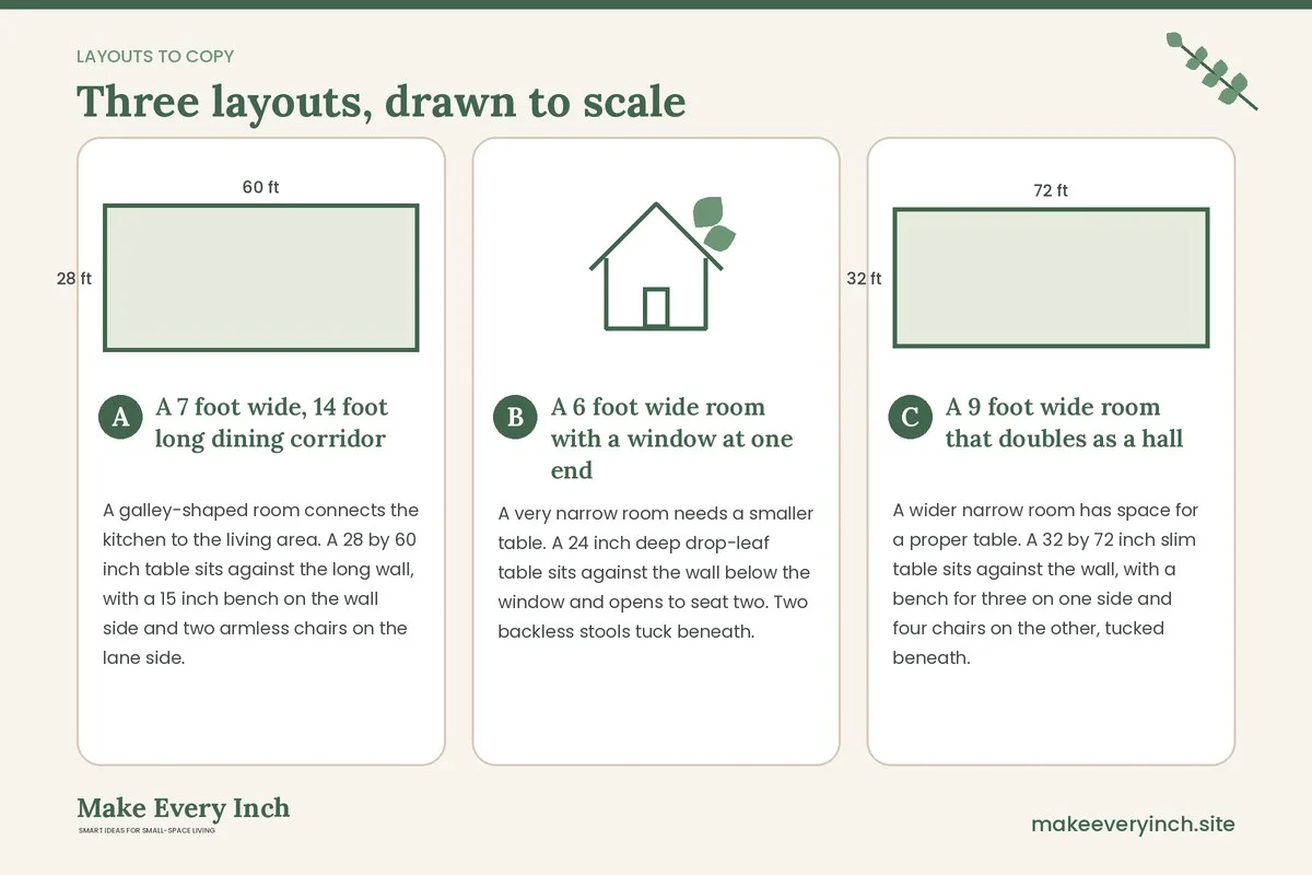 Three room layouts drawn to scale with dimensions and placement notes for: Small Dining Room Ideas for Narrow Rooms