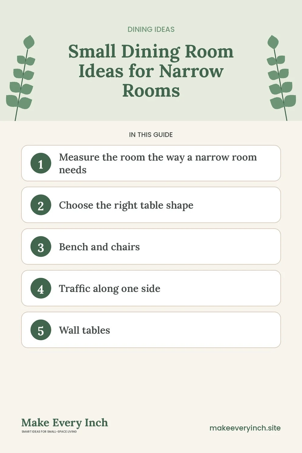 Pinterest pin listing the main topics in: Small Dining Room Ideas for Narrow Rooms
