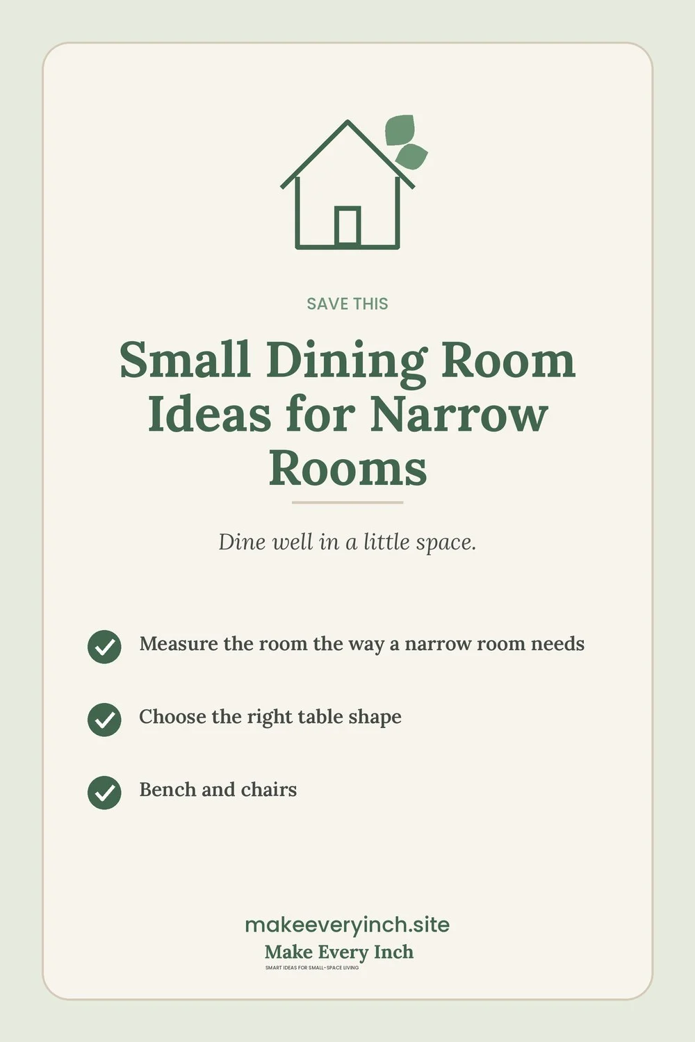 Save-this Pinterest pin with a short checklist for: Small Dining Room Ideas for Narrow Rooms