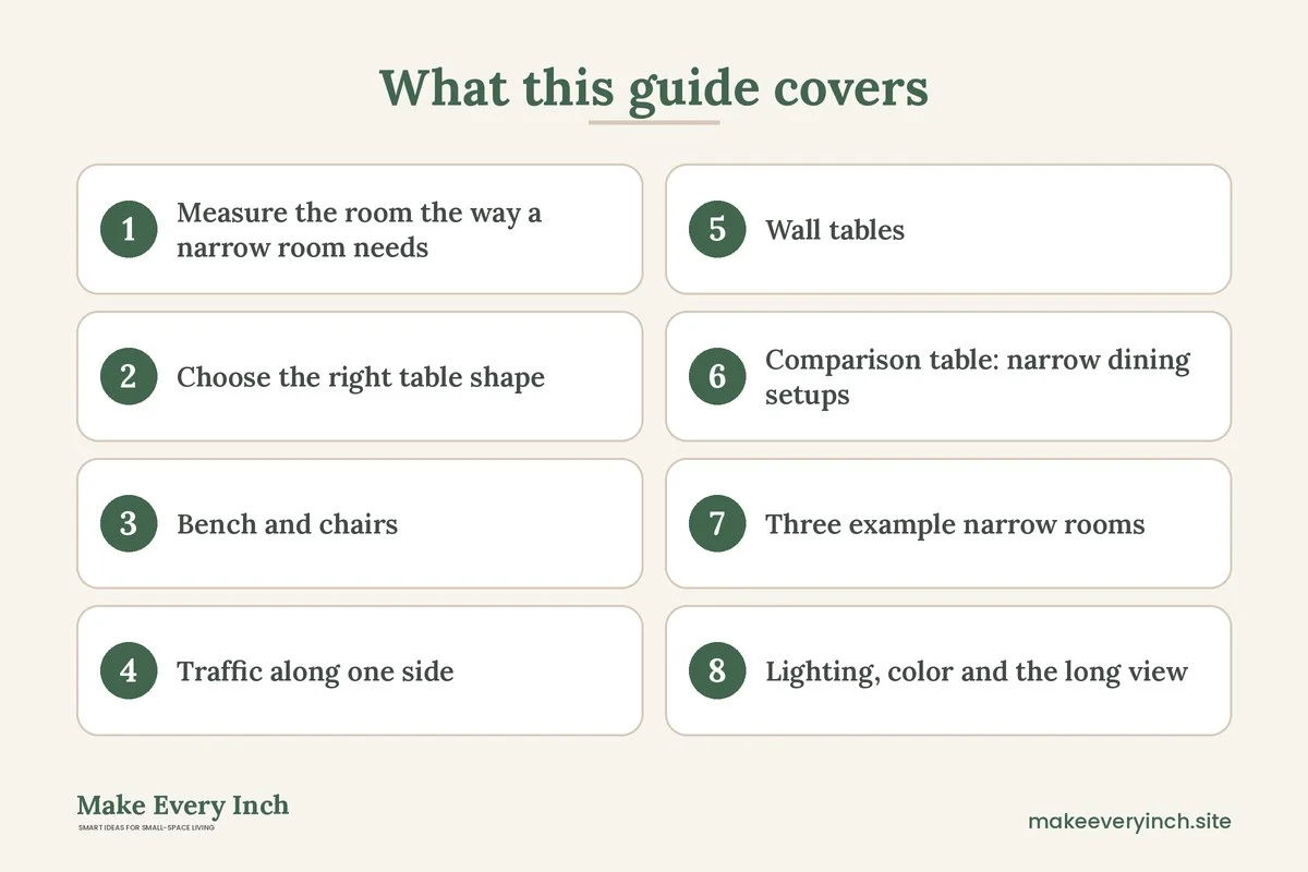 Graphic listing 8 topics covered in: Small Dining Room Ideas for Narrow Rooms