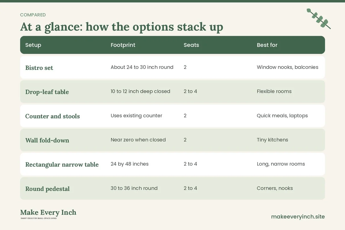 Comparison table of options for: Small Dining Room Ideas for Two People (Setup, Footprint, Seats, Best for)