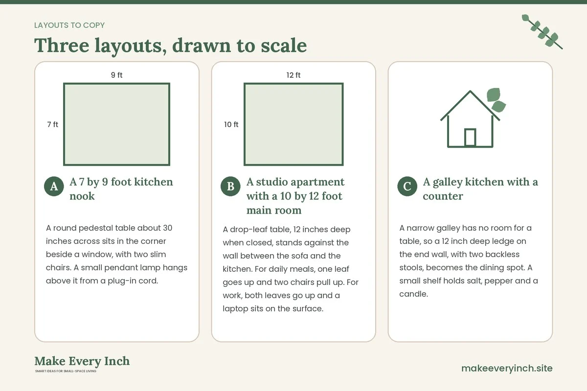 Three room layouts drawn to scale with dimensions and placement notes for: Small Dining Room Ideas for Two People