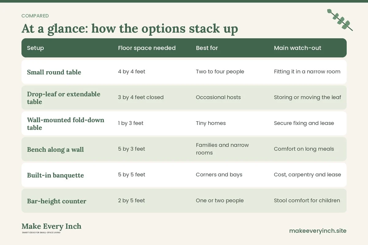 Comparison table of options for: Small Dining Room Ideas (Setup, Floor space needed, Best for, Main watch-out)