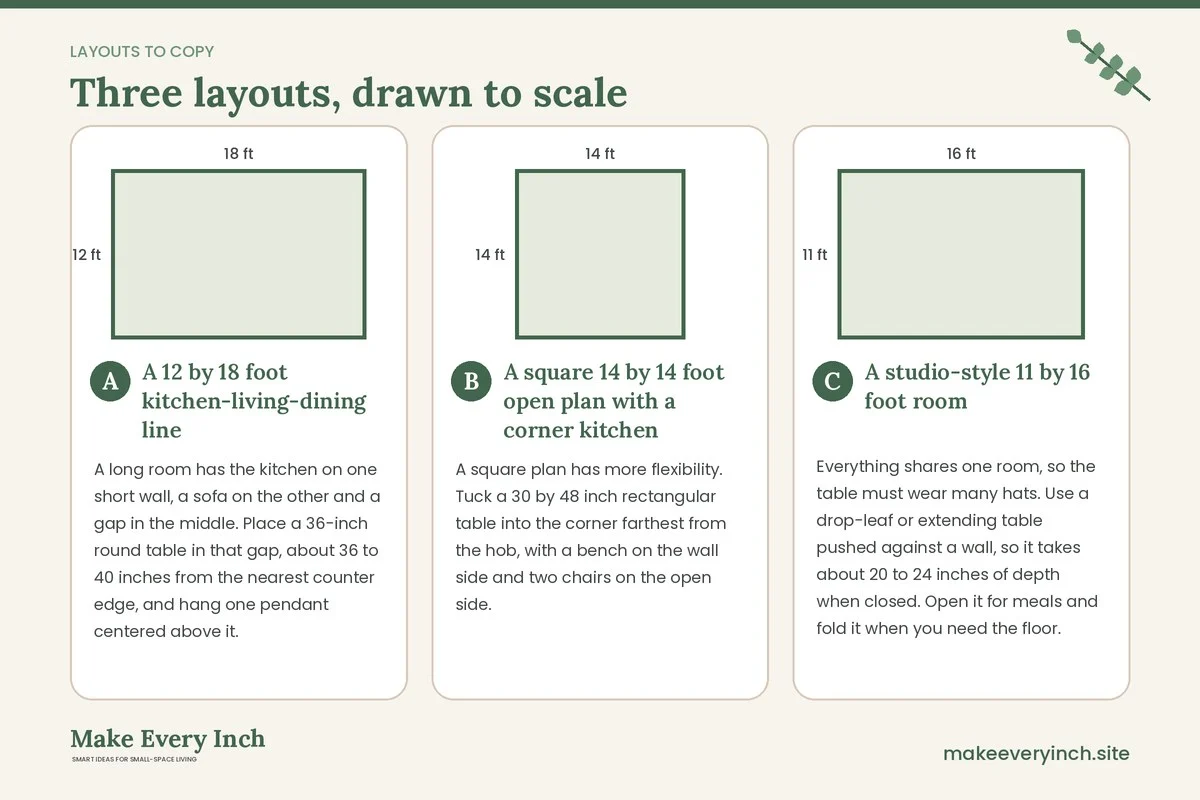 Three room layouts drawn to scale with dimensions and placement notes for: Small Dining Room Ideas in an Open Plan Space