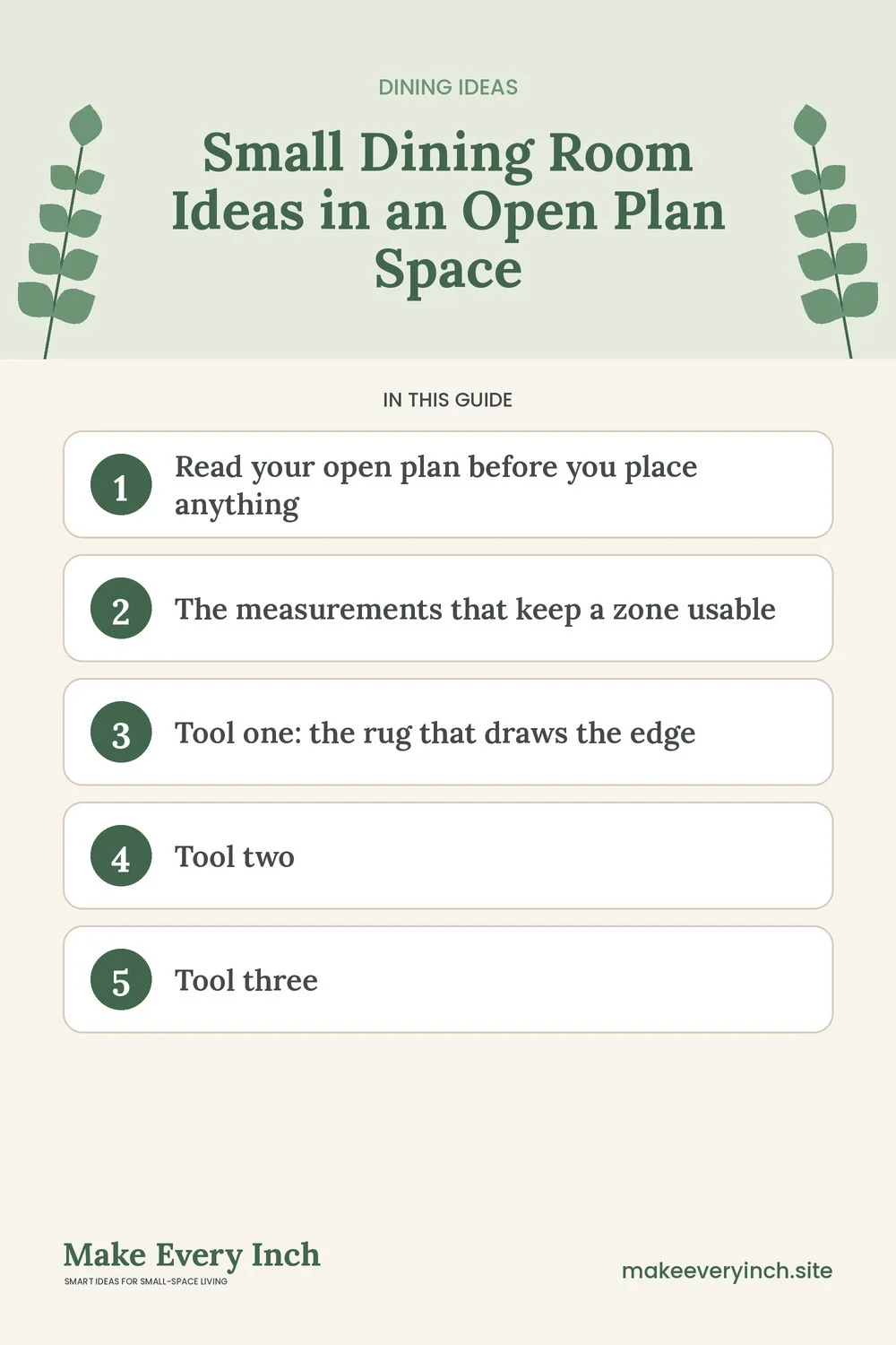 Pinterest pin listing the main topics in: Small Dining Room Ideas in an Open Plan Space
