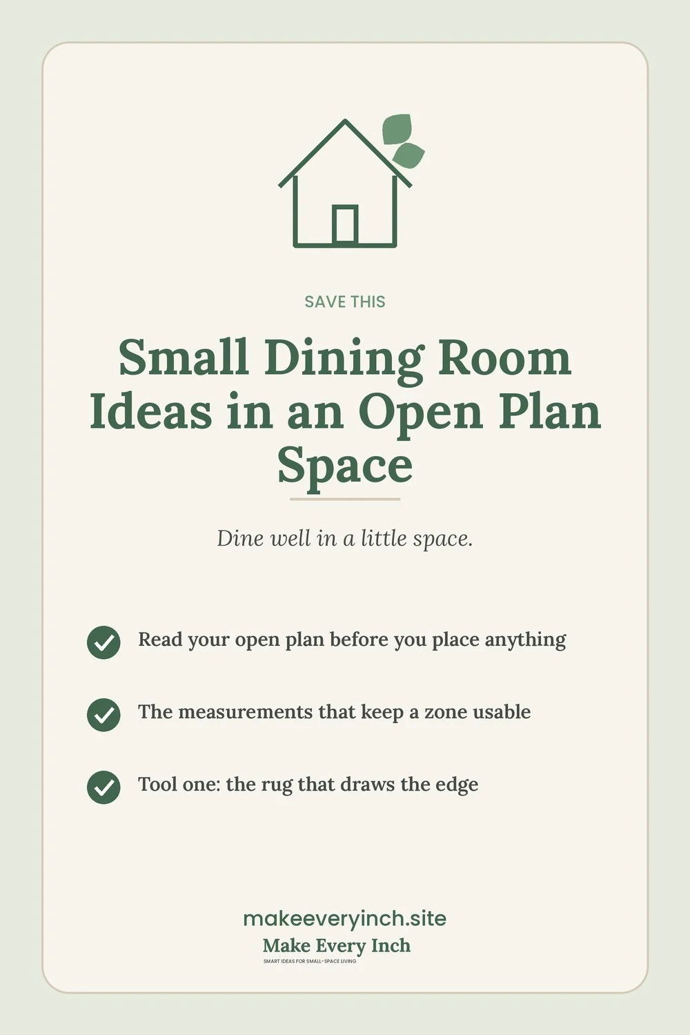 Save-this Pinterest pin with a short checklist for: Small Dining Room Ideas in an Open Plan Space