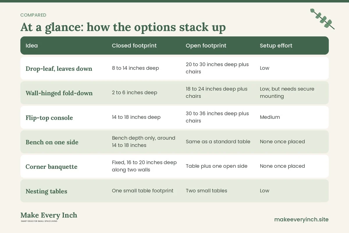 Comparison table of options for: Small Dining Room Ideas That Save Space (Idea, Closed footprint, Open footprint, Setup effort)