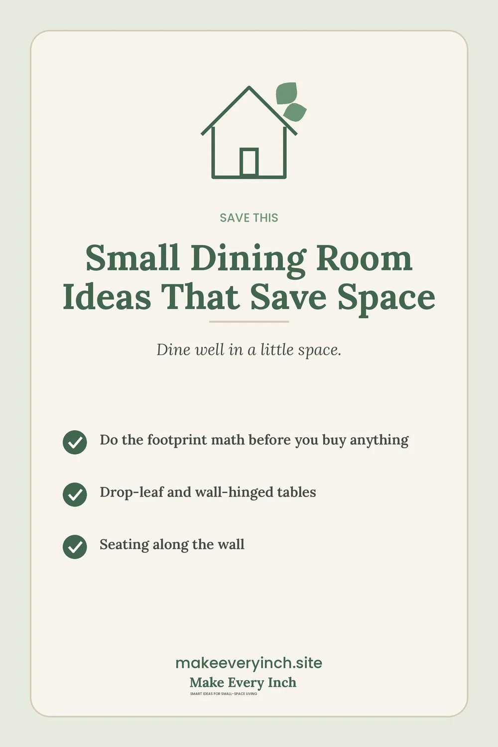 Save-this Pinterest pin with a short checklist for: Small Dining Room Ideas That Save Space