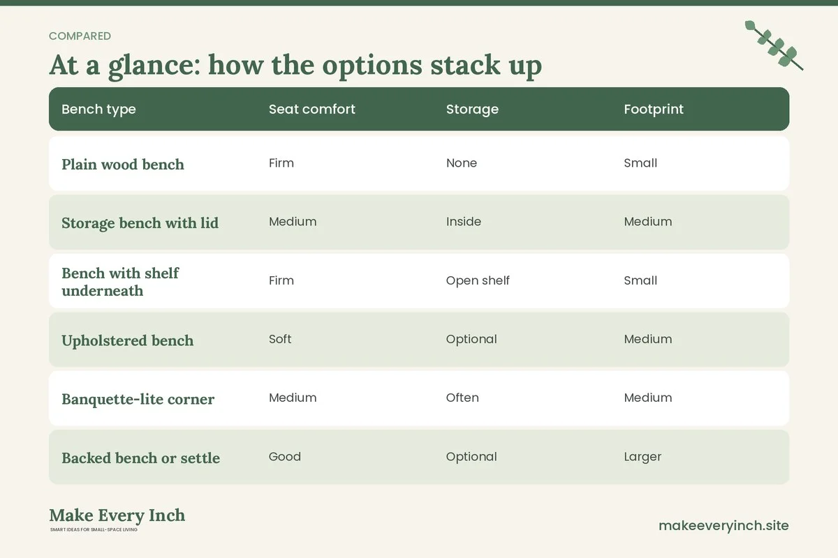 Comparison table of options for: Small Dining Room Ideas with a Bench (Bench type, Seat comfort, Storage, Footprint)