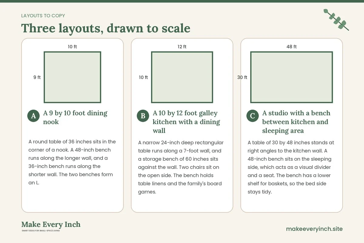 Three room layouts drawn to scale with dimensions and placement notes for: Small Dining Room Ideas with a Bench