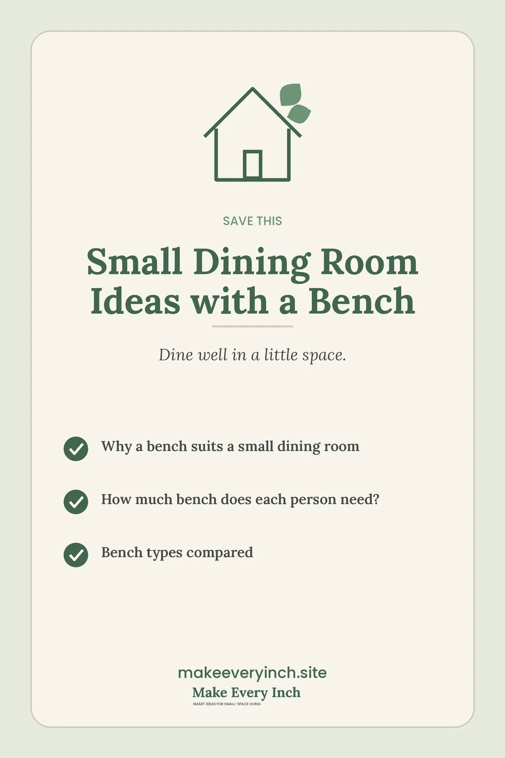 Save-this Pinterest pin with a short checklist for: Small Dining Room Ideas with a Bench
