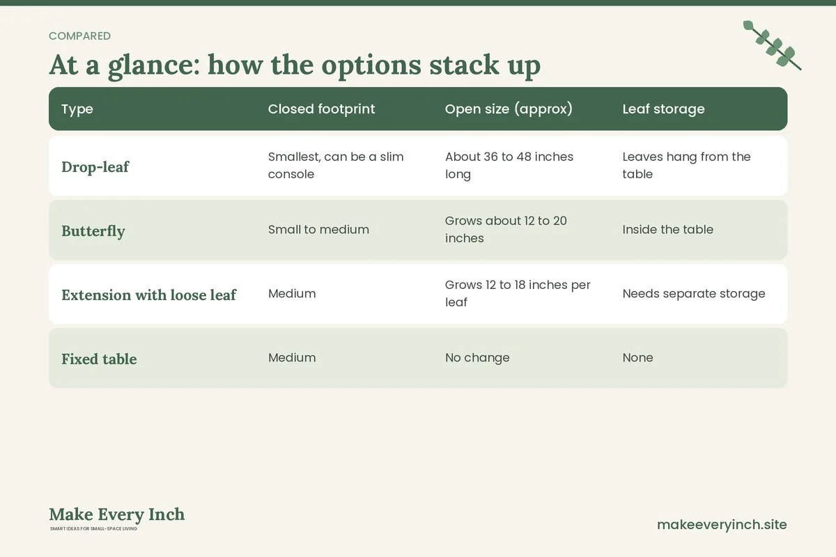 Comparison table of options for: Small Dining Room Ideas with Extendable Tables (Type, Closed footprint, Open size (approx), Leaf storage)