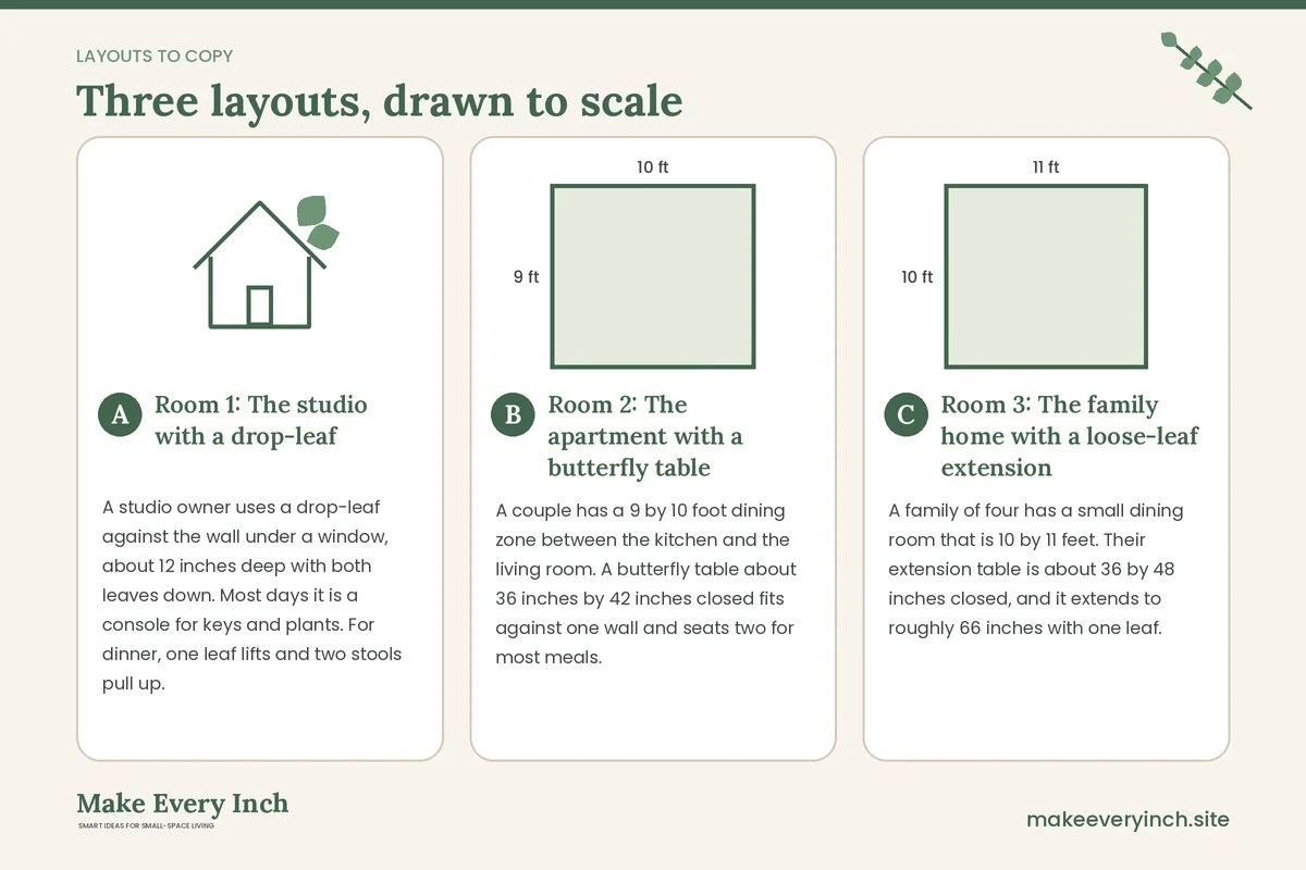 Three room layouts drawn to scale with dimensions and placement notes for: Small Dining Room Ideas with Extendable Tables