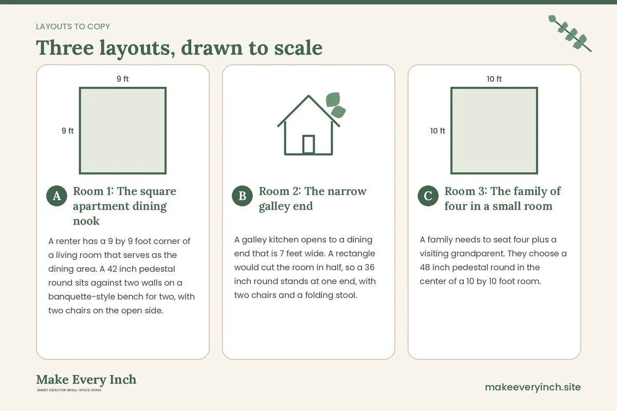 Three room layouts drawn to scale with dimensions and placement notes for: Small Dining Room Ideas with Round Tables