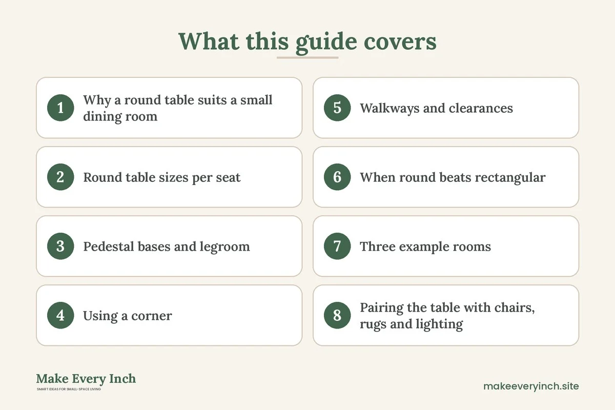 Graphic listing 8 topics covered in: Small Dining Room Ideas with Round Tables