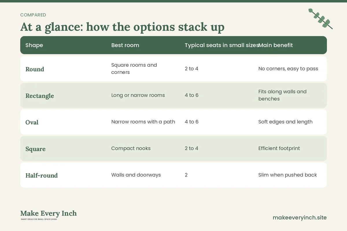 Comparison table of options for: Small Dining Room Layout Ideas (Shape, Best room, Typical seats in small sizes, Main benefit)